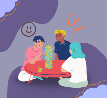 A imagem, em tons de roxo, possui um grupo de tres pessoas
                sentadas ao redor de uma mesa redonda, jogando jenga, um jogo de equilibrar torre. 